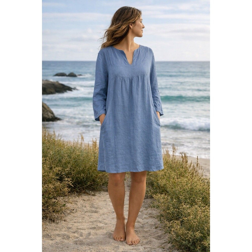 Meo Meli Linen Beach Mini Boho Dress Medium SS Big Pockets Blue Italy Coastal